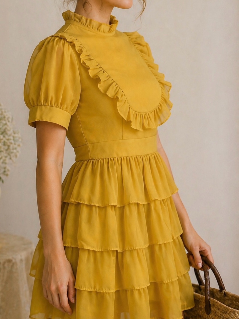 Mustard Yellow Ruffle Prairie Mini Dress Tiered Cottagecore Romantic Boho XS-S